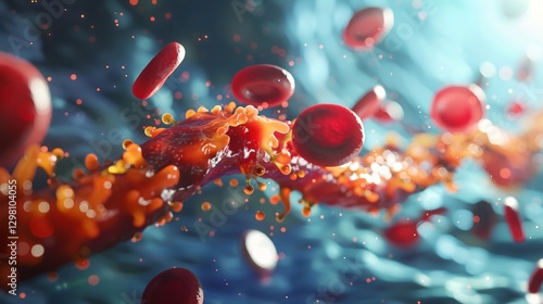 red blood cells in a blue background. Concept of chaos and disorder, as the red blood cells are scattered and disorganized. The blue background adds a sense of calmness