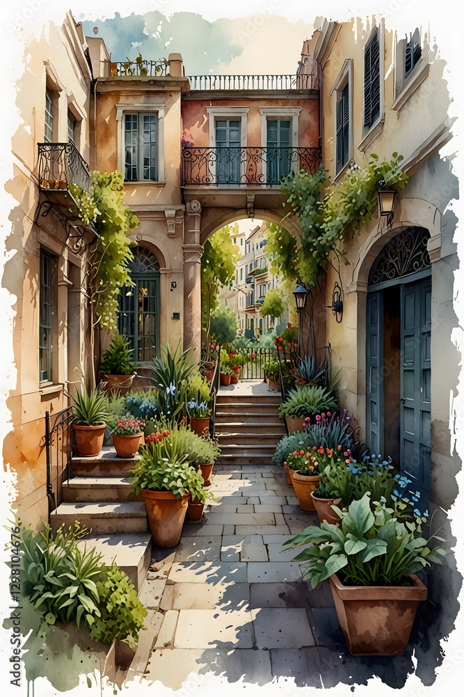 Fototapeta premium Urban enclave - hidden city gardens in watercolor style