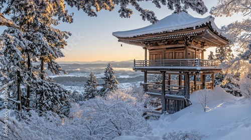 Wallpaper Mural Serene Winter Sunrise at the Mountaintop Pagoda Torontodigital.ca