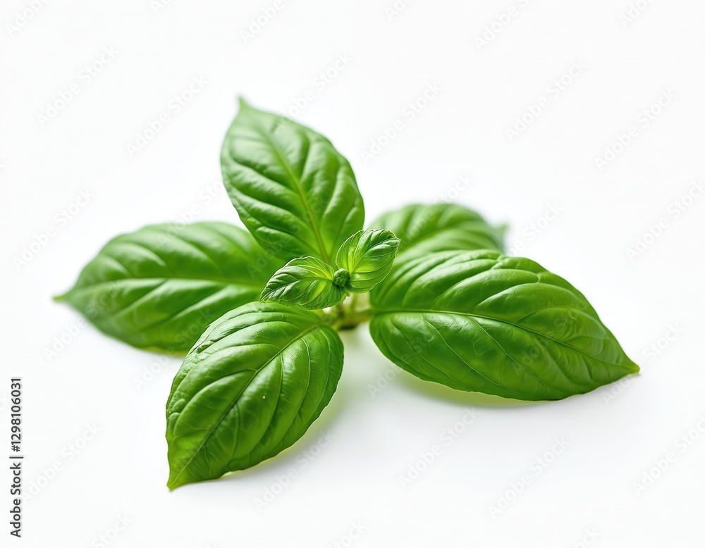 Isolated close-up of fresh green basil leaves on white background. Perfect ingredient for healthy cooking, cuisine. Herb aromatic culinary addition. Herbal medicine, healthcare, nutrition, wellness. Isolated close-up of fresh green basil leaves on white background. Perfect ingredient for healthy cooking, cuisine. Herb aromatic culinary addition. Herbal medicine, healthcare, nutrition, wellness.