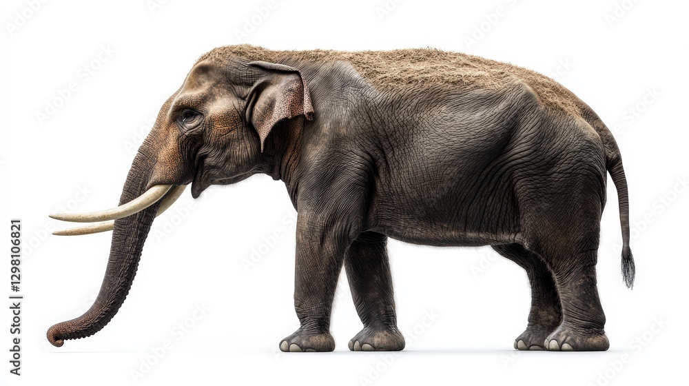 Fototapeta premium A majestic elephant faces left, its robust form cloaked in earthy mud. The distinctive trunk arches gracefully while powerful tusks catch the light