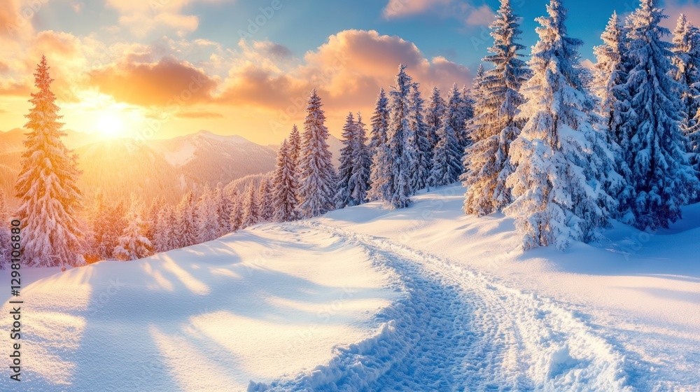 Scenic winter sunset over snow-covered mountain path. Scenic winter sunset over snow-covered mountain path.