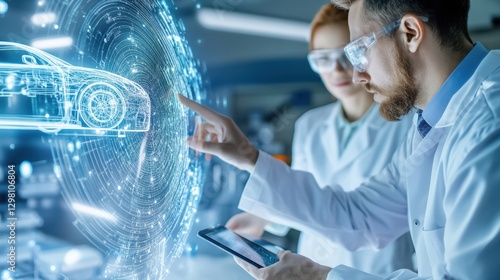 Scientists Discussing 3D Car Model In Lab Setting