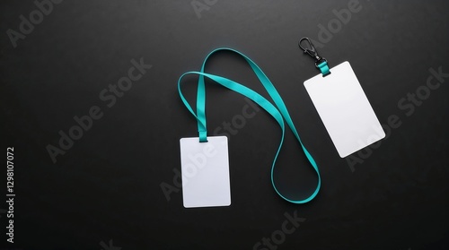 Vertical plastic badge mockups on dark background with blue ribbon, top view.