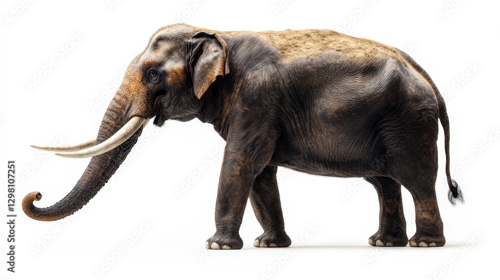 Fototapeta premium A majestic, dark-brown elephant turns its gaze to the right, showcasing a detailed view of its robust form and thick, curving trunk, exuding strength and grace in every contour