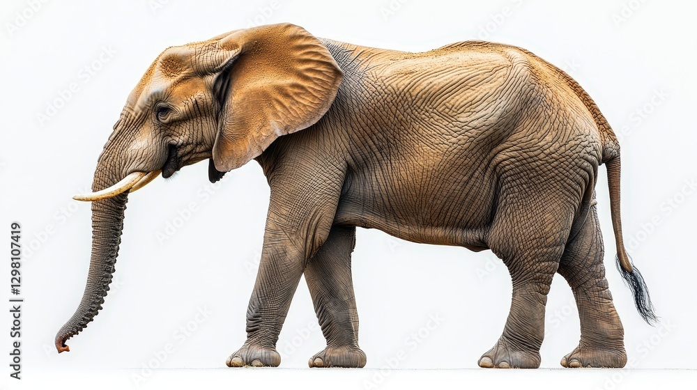 Fototapeta premium Gentle giant in repose, its elegant form bathed in warm hues. A majestic elephant turns left, revealing an intricate tapestry of light and dark browns across its textured skin