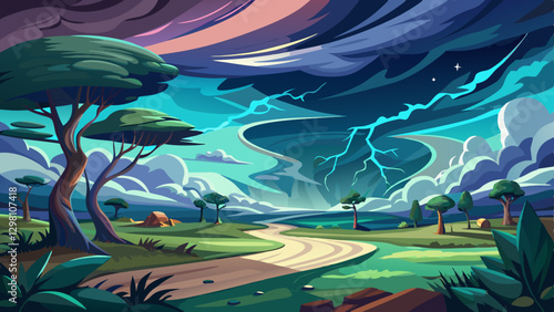 Stormy landscape during a hurricane, strong gusts of wind bending trees, dark clouds roiling in the sky, torrential rain pouring, and bolts of lightning striking across the horizon