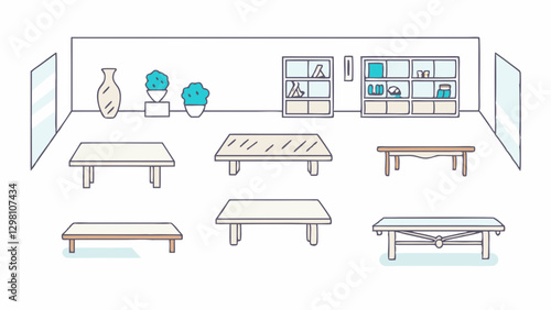 A collection of wooden tables in different shapes and sizes, arranged in a modern showroom