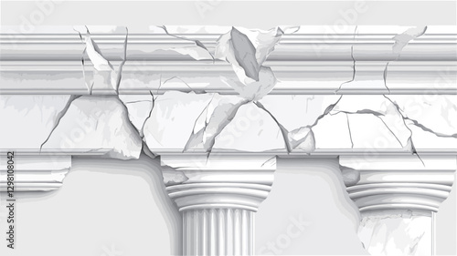 Close-up detail of a section of a white classical architectural element, specifically two partially damaged columns and an entablature. The elements are heavily cracked and show signs of