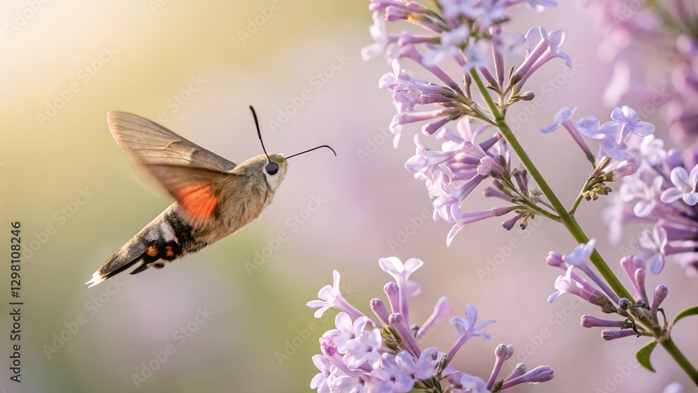 Hummingbird Hawk-moth at Lilac: A Hummingbird Hawk-moth hovers gracefully near delicate lilac blossoms, captured in a moment of pollination, bathed in the soft, natural light of a spring day. Hummingbird Hawk-moth at Lilac: A Hummingbird Hawk-moth hovers gracefully near delicate lilac blossoms, captured in a moment of pollination, bathed in the soft, natural light of a spring day.