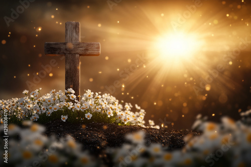 Ancient cross standing on a hill among daisies in the rays of sunligh background. photo