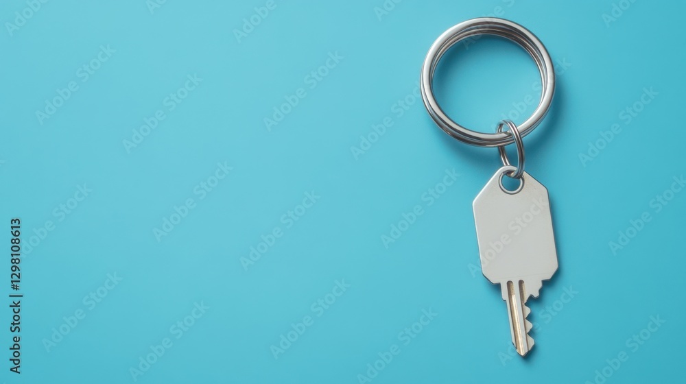 Close-up of a Key on a Simple Blue Background with Keyring Close-up of a Key on a Simple Blue Background with Keyring