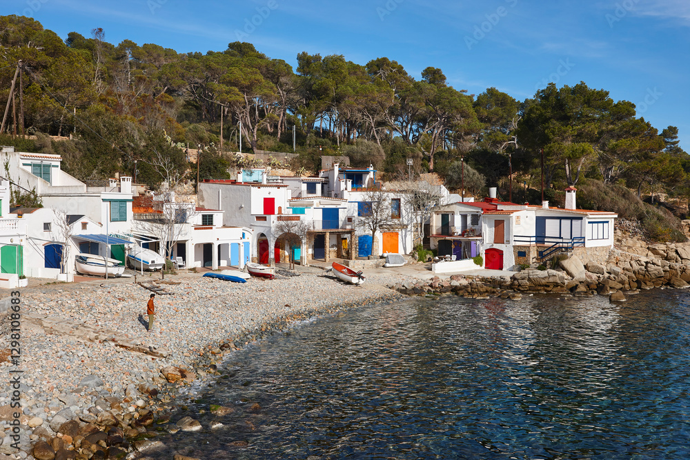 Picturesque colorful mediterranean shoreline in Girona. Salguer cove. Fisherman houses