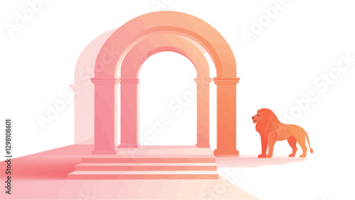 Digital illustration depicting a stylized orange lion standing to the right of a double arched gateway. The archway is rendered in shades of pink and orange, creating a gradient effect.  The