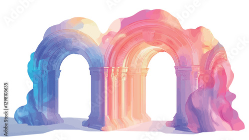 The image showcases a 3D rendered digital illustration of abstract architectural arches.  The arches are rendered in a pastel color palette with a gradient effect, transitioning from blues and