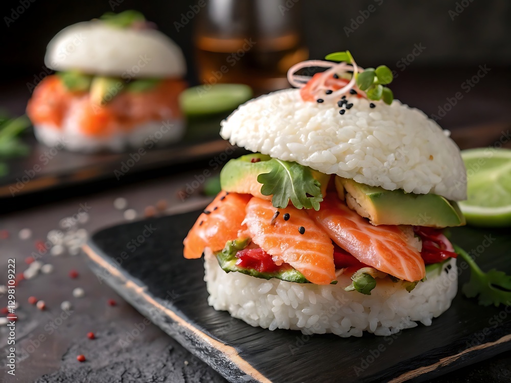 Delicious salmon sushi burger with avocado and sesame seeds. Delicious salmon sushi burger with avocado and sesame seeds.