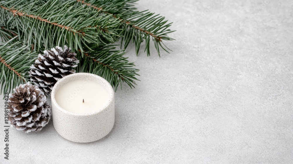 Christmas Candle with Fir Branches and Pine Cones on Gray Surface Christmas Candle with Fir Branches and Pine Cones on Gray Surface