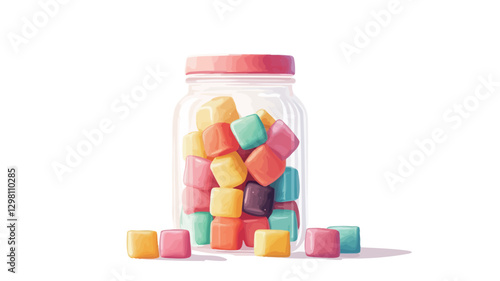 A studio shot against a white background depicts a clear glass jar with a pink lid filled with small, cube-shaped candies in various bright colors (red, orange, yellow, green, purple).  Several