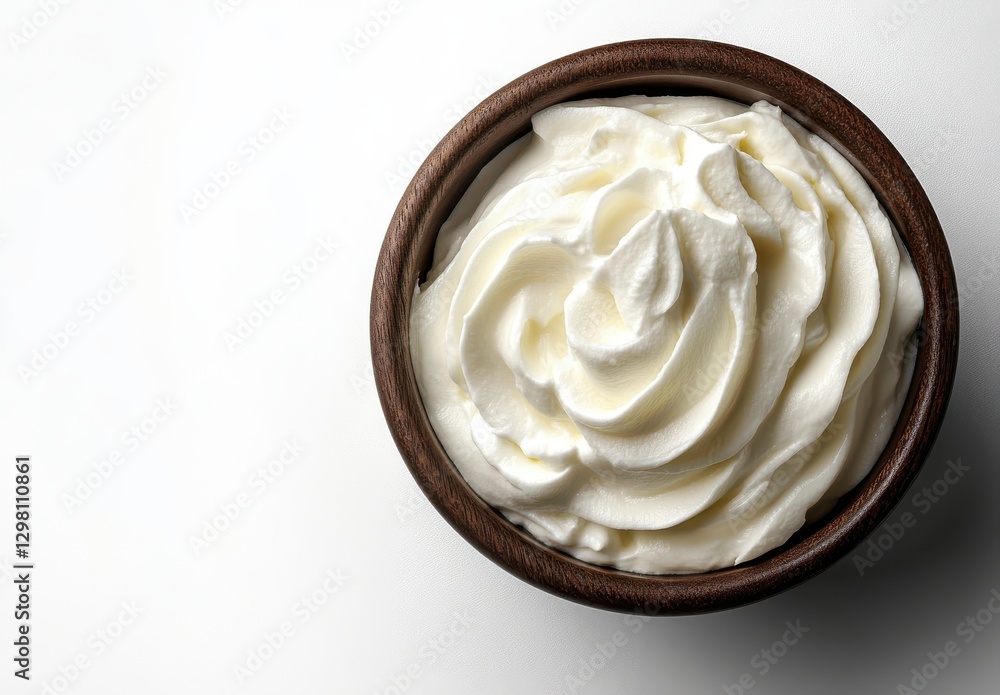 Smooth and Creamy Whipped Topping in Brown Wooden Bowl on White Background Ready to Enhance Desserts and Treats with Its Light and Fluffy Texture Smooth and Creamy Whipped Topping in Brown Wooden Bowl on White Background Ready to Enhance Desserts and Treats with Its Light and Fluffy Texture