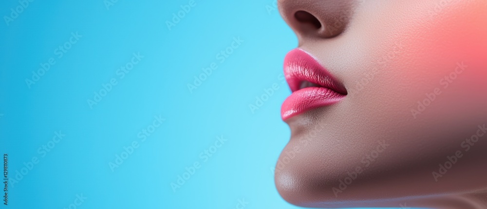 A close-up of a woman's profile featuring vibrant lips and cheek highlights against a soft blue background. A close-up of a woman's profile featuring vibrant lips and cheek highlights against a soft blue background.