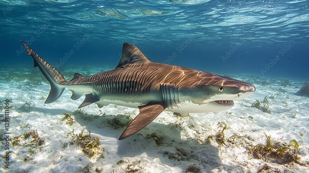 Fototapeta premium Deadly Tiger Shark prowling near the shoreline its striped muscular body moving with precision eyes locked onto unsuspecting prey in the shallows