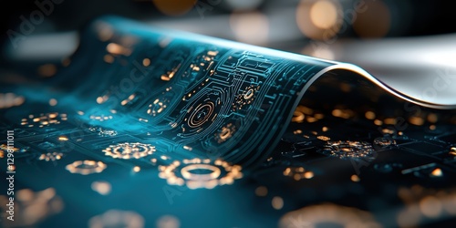 A close-up view of a vibrant, futuristic circuit pattern on a flexible surface, showcasing intricate designs and glowing elements.