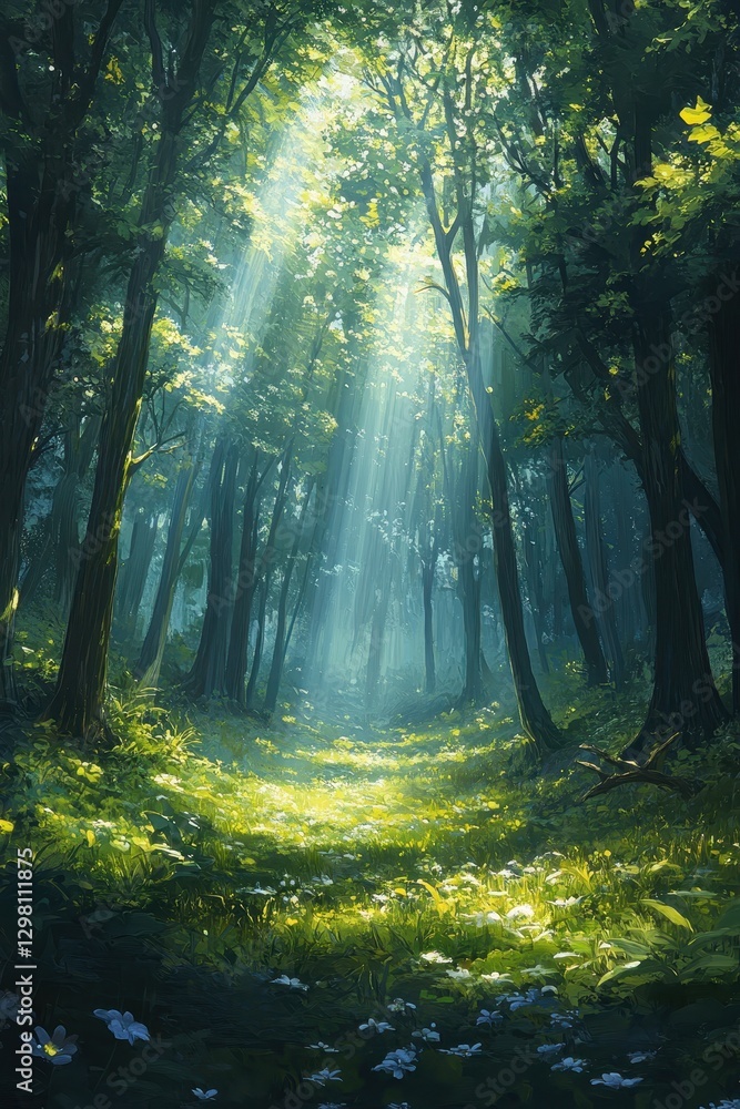 Fototapeta premium ** Sunlit Forest Path with Lush Greenery and Dappled Light Creating a Serene and Enchanting Natural Landscape..**