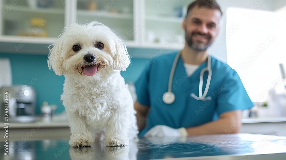 Maltese dog on a veterinary table in front of a veterinarian Maltese dog on a veterinary table in front of a veterinarian