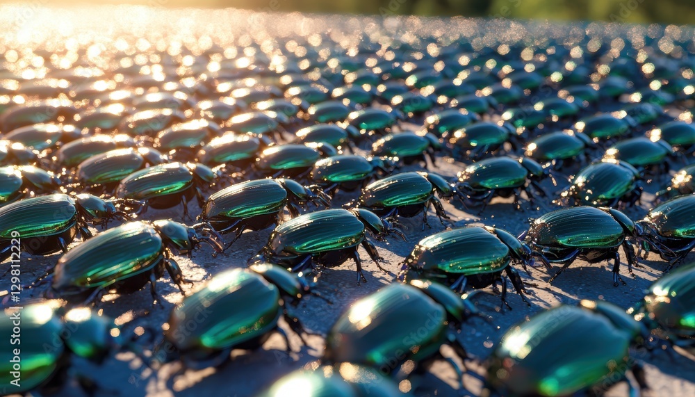 Fototapeta premium A close-up view of numerous shiny green beetles clustered together, catching the sunlight, creating a striking visual effect in nature.