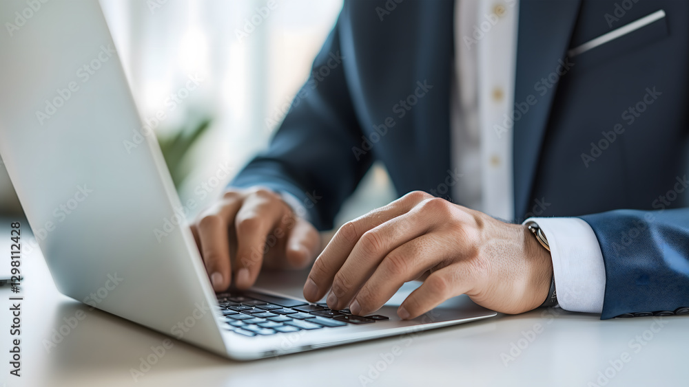 Close-Up of Businessman Working on Laptop in Modern Office. Professional and Corporate Concept Close-Up of Businessman Working on Laptop in Modern Office. Professional and Corporate Concept
