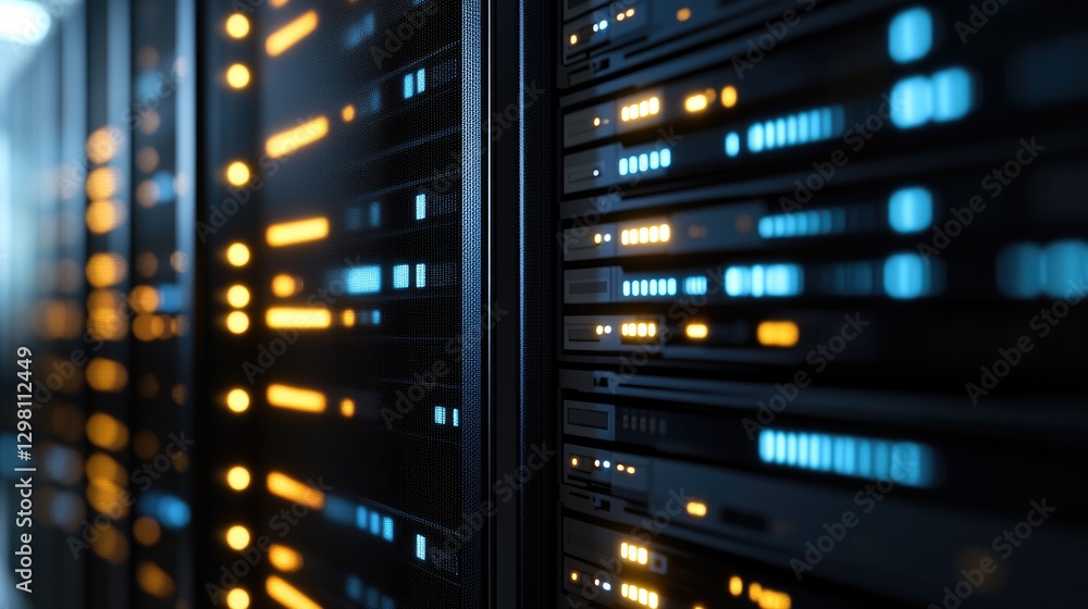 Close-up of illuminated server racks in a data center Close-up of illuminated server racks in a data center
