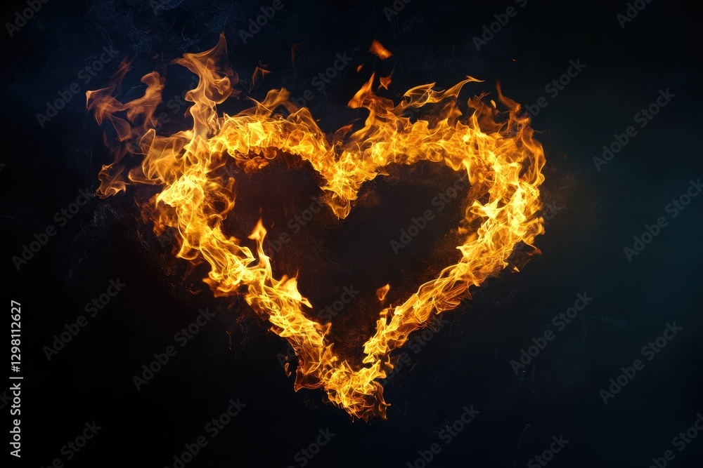 Fototapeta premium Fiery heart shape in dark background
