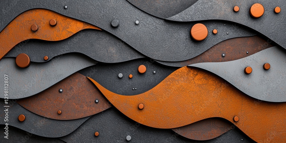 Obraz premium A textured abstract design featuring wavy patterns in shades of gray and rust, complemented by circular accents.