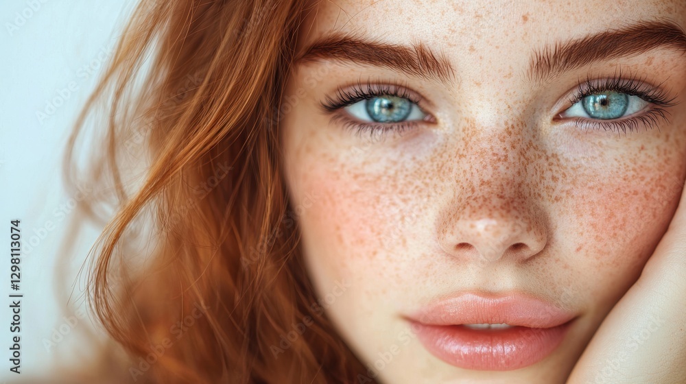 A close-up portrait of a young woman with striking blue eyes, freckles, and vibrant red hair, gently resting her chin on her hand. A close-up portrait of a young woman with striking blue eyes, freckles, and vibrant red hair, gently resting her chin on her hand.