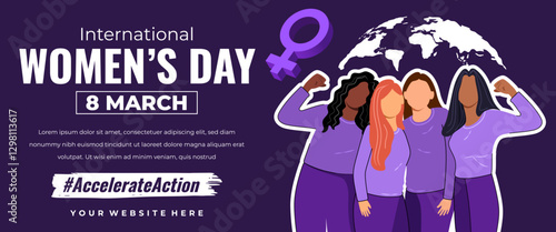 International Women's Day horizontal banner design template with woman group flat illustration.