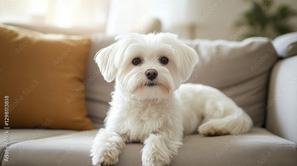 Sitting on the sofa Cute Maltese dog indoors in a cozy domestic room Sitting on the sofa Cute Maltese dog indoors in a cozy domestic room