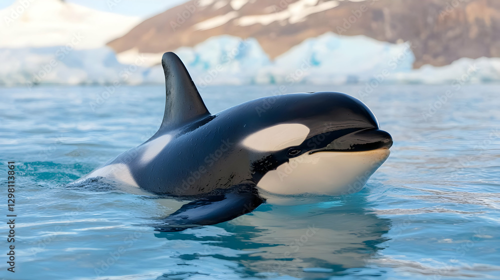 Fototapeta premium Orca swimming Antarctic icy waters, mountains background