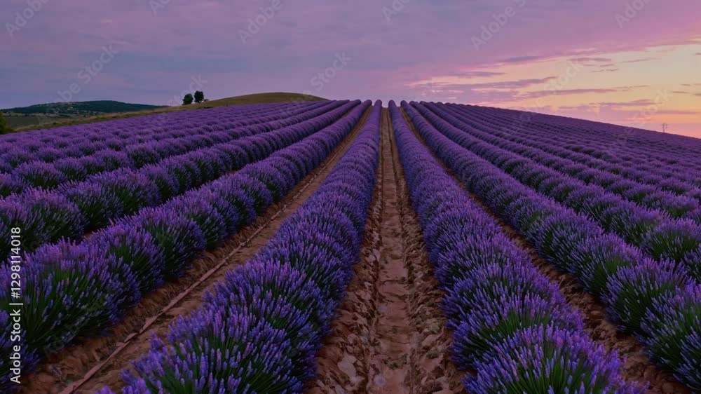 a vast field of lavender stretching towards the horizon under a dusky sky. The purple blooms create a sense of serenity and natural beauty, with rows of lavender leading the eye into the distance. a vast field of lavender stretching towards the horizon under a dusky sky. The purple blooms create a sense of serenity and natural beauty, with rows of lavender leading the eye into the distance.