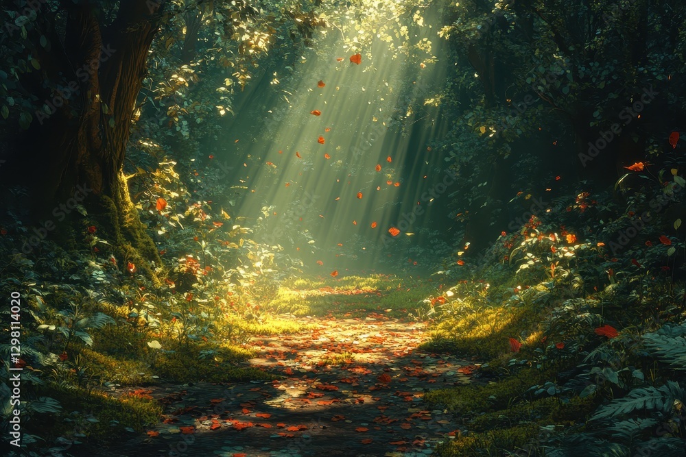 Obraz premium Enchanting Forest Path with Sunlight Filtering Through Trees and Falling Autumn Leaves