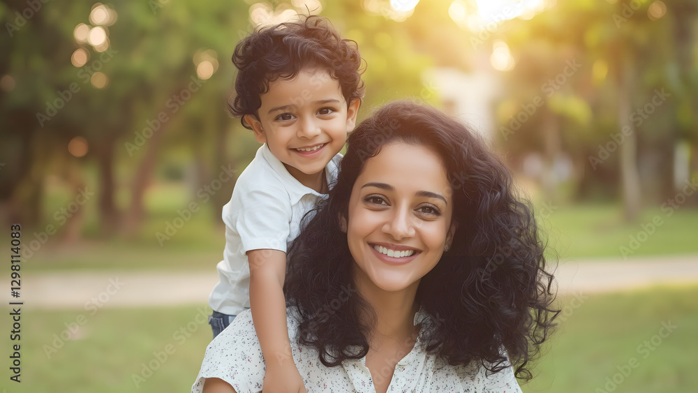 Happy Indian Mother with Her Son Having Fun Outdoors. Family, Love, and Bonding Concept Happy Indian Mother with Her Son Having Fun Outdoors. Family, Love, and Bonding Concept