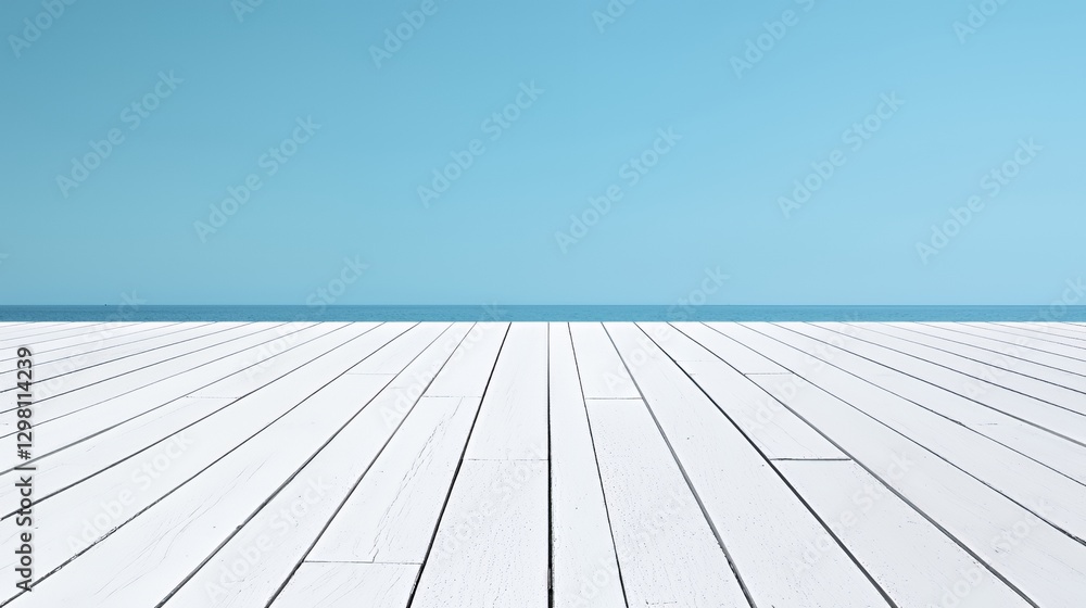 White Wooden Deck Overlooking Blue Ocean and Sky White Wooden Deck Overlooking Blue Ocean and Sky