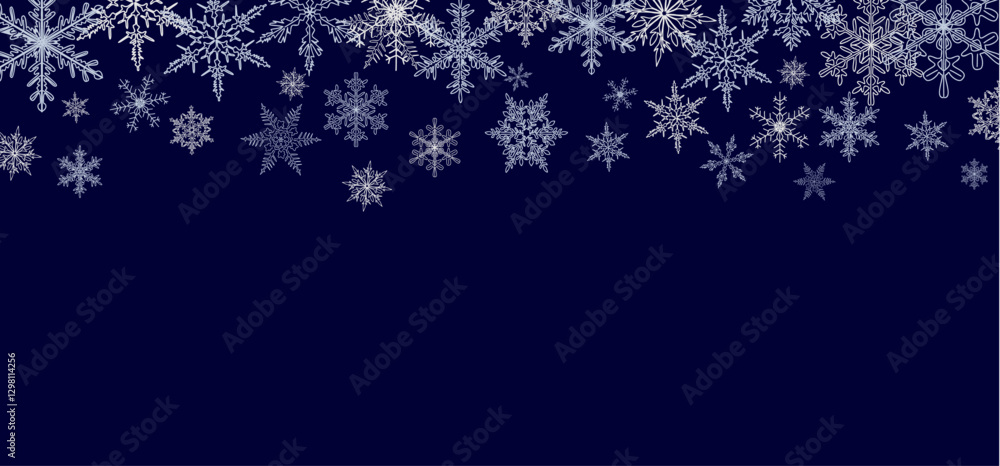 Abstract Christmas background with blue and silver snowflakes border and copy space for text. Winter snow. Overlay, banner, cover. Realistic vector illustration isolated on dark navy blue background. Abstract Christmas background with blue and silver snowflakes border and copy space for text. Winter snow. Overlay, banner, cover. Realistic vector illustration isolated on dark navy blue background.