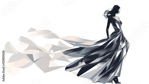 The image is a stylized illustration or drawing of a woman in a long, flowing gown.  The style is monochrome, using shades of gray and white. The gown has a dramatic, flowing design, suggesting