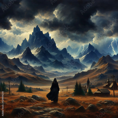 Wallpaper Mural The oil painting image of the lady with hood walking lonely in the wilderness, surrounded by the mountain ranges, and the thunderstorm setting in the from a afar. Torontodigital.ca