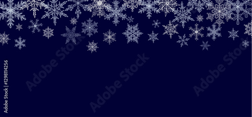 Abstract Christmas background with blue and silver snowflakes border and copy space for text. Winter snow. Overlay, banner, cover. Realistic vector illustration isolated on dark navy blue background.