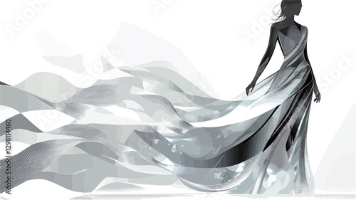 The image is a stylized illustration or digital painting of a woman wearing a long, flowing dress. The style is monochrome, using shades of gray and black. The dress is the focal point, with its