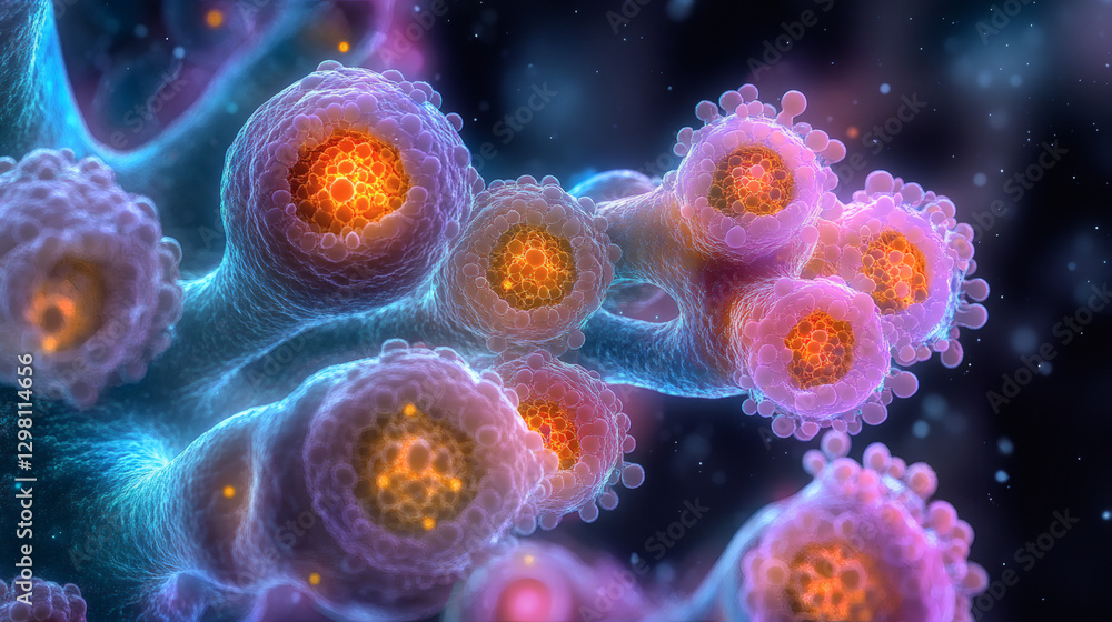 Fototapeta premium Microscopic Cellular Structures Glowing Orange and Purple Spheres