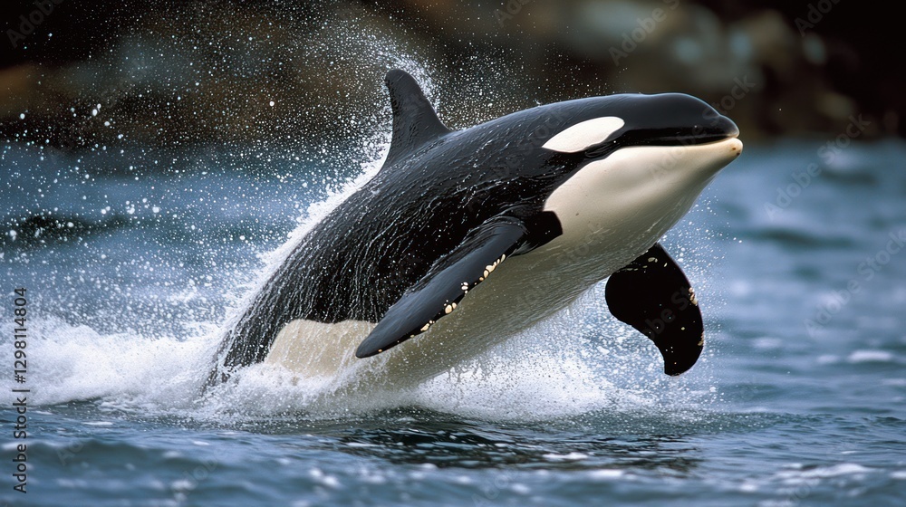 Obraz premium Orca whale leaping from ocean water.