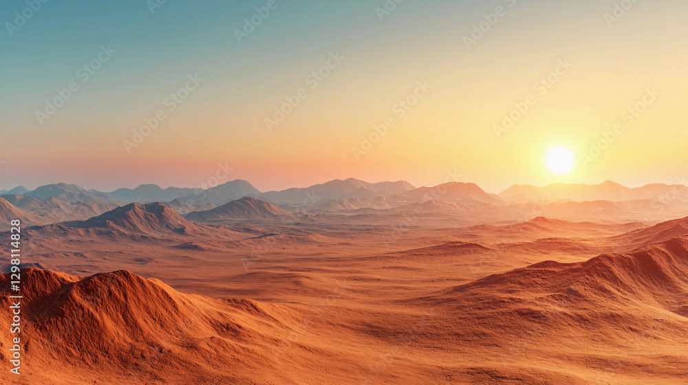 Naklejka premium A stunning desert landscape at sunset, featuring rolling hills and mountains under a vibrant sky.