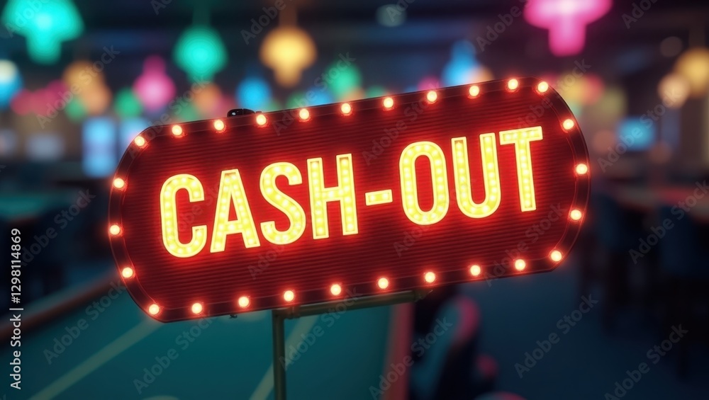 Cash-Out. Sign is lit up with bright lights and neon sign that says cash out Cash-Out. Sign is lit up with bright lights and neon sign that says cash out